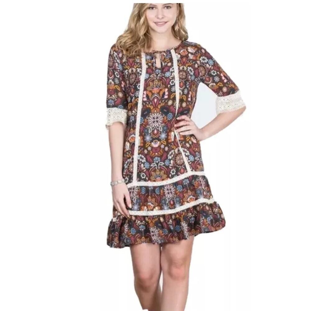 Matilda Jane Womens Make Believe Intermission Dress Large Brown Floral Lace BOHO